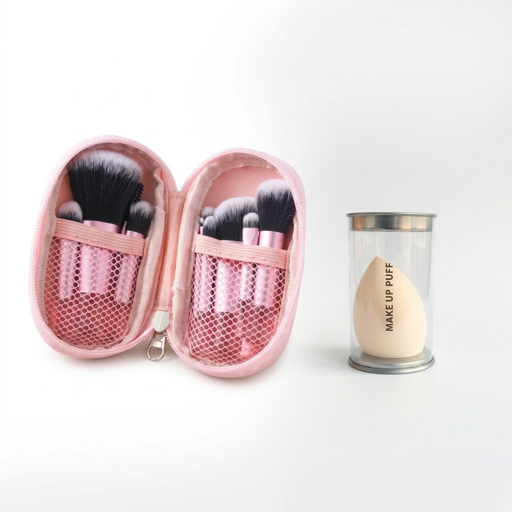 Pink Mini Brush Set and Beauty Blender Cream Color Combo